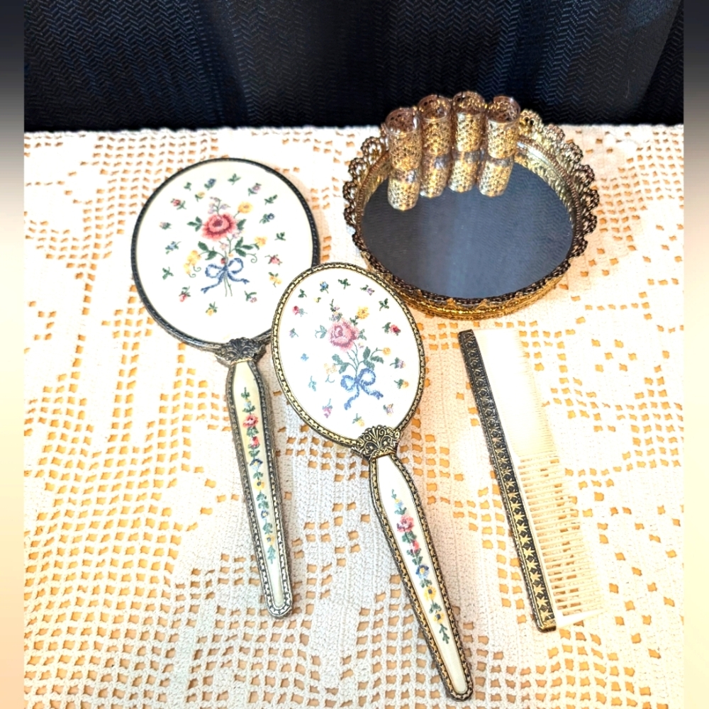 Regent of London Hand Mirror, Brush and Comb, Perfume Bottle and Mirrored Tray